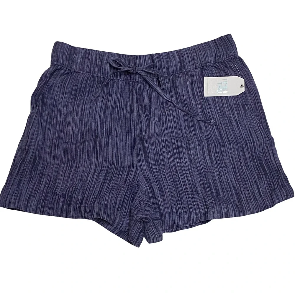 Time and Tru Women's Blue Striped Drawstring Waist Casual‎ Shorts Size MeD NWT
